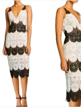 Dress the Population Black & White Lace V‑Neck Midi Dress